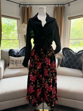 Gracia Black A-Line Midi Skirt with Pink & Green Floral Print